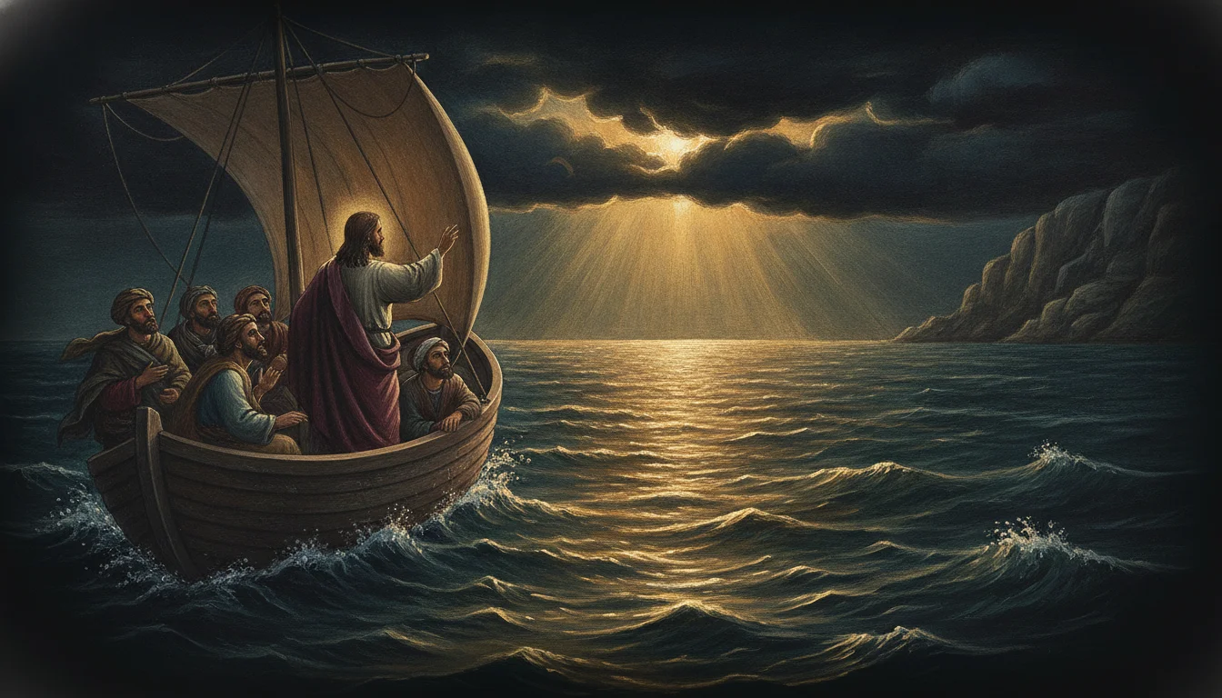 Painted scene of Jesus Calms the Storm